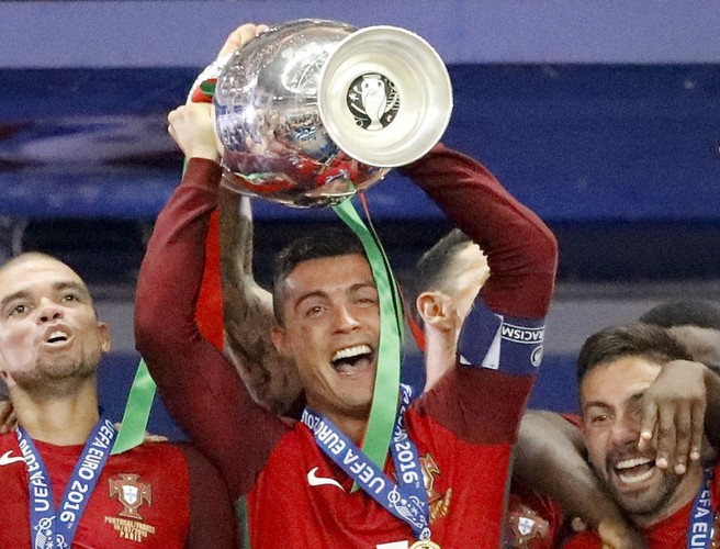 Ronaldo and teammates with the Euro 2016 Champions Cup. Portugal