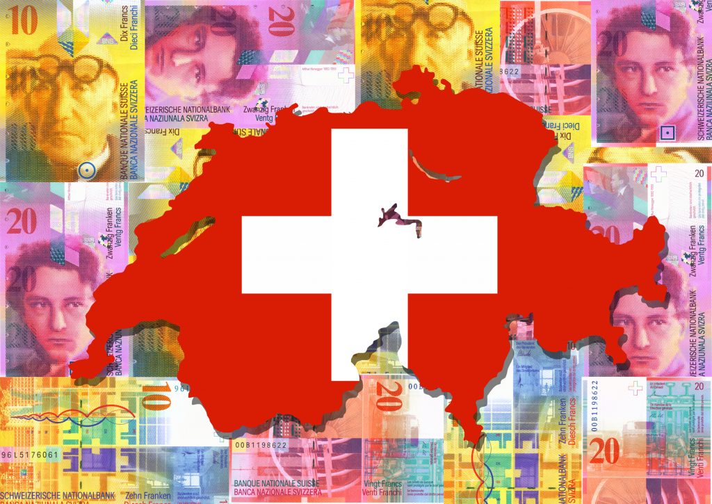 Map and flag of Switzerland with collage of colourful Swiss francs illustration